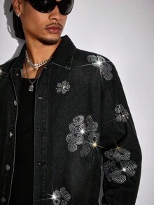 ROMWE MEN Grunge Punk Men's Rhinestone Decor Front Button Casual Long Sleeve Denim Jacket