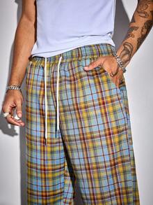 ROMWE MEN Prep 男士休闲格子抽绳腰裤，适合秋季 - 彩色 - 查看 2