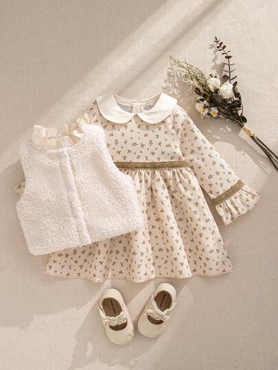 Souflis Souflis 2 Stücke/Set französischer Stil lässiges Ditsy Blumen Langarm Kleid & verstärkter Fleece Weste Outfit, geeignet für Schule, Ausflüge und verschiedene Anlässe, Herbst/Winter, Mädchen