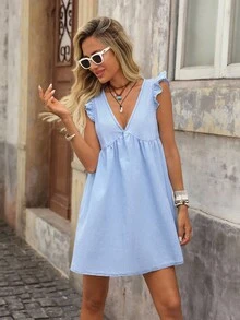 Brillora Váy ngắn cổ chữ V denim giản dị cho nữ, váy xanh cho nữ trang phục mùa hè cho nữ váy mùa hè cho nữ trang phục đi nghỉ trang phục đi biển cho nữ váy suông trang phục hòa nhạc cho phụ nữ quần áo phụ nữ boho - Rửa nhẹ - Xem 2