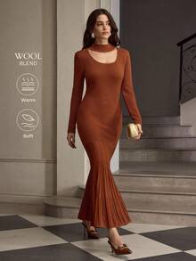 ZEYLAH Woll-Rollkragen Kleid mit taillierter Taille und Meerjungfrau-Saum, Herbst/Winter