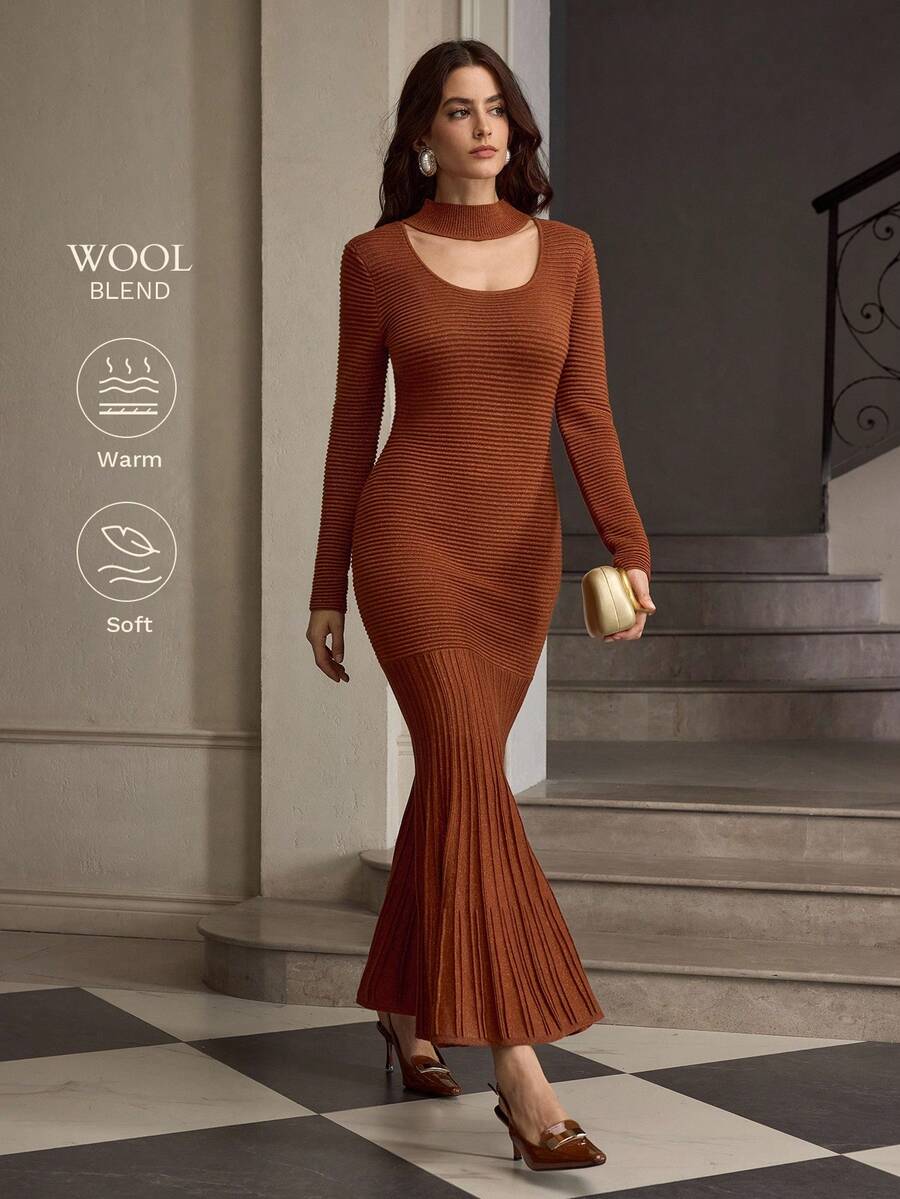 ZEYLAH Woll-Rollkragen Kleid mit taillierter Taille und Meerjungfrau-Saum, Herbst/Winter