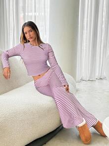 Aloruh Women's Casual Homewear Pajama Set, Includes Striped Crew Neck Long Sleeve Tee And Relaxed Straight Leg Striped Pants, Suitable For Daily Wear, Sports, Autumn/Winter,Cozy Fall And Winter Clothes For Women - Pink - View 4