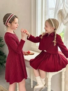 LMoss Kids LMoss 2件套少女纯色不对称下摆休闲外套和百褶裙套装，女童裙装，红色裙子，圣诞节，舒适秋冬款式，温暖秋冬风格，冬季服装 - 紅色 - 查看 6