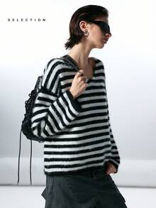 LYSMO 休闲宽松落肩条纹毛衣，秋冬 - 黑與白 - 查看 7
