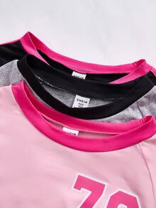 SHEIN Explorewe 3 件套 Tween 女童 ME 基本款拼色拼布印花短袖 T 恤，适合日常、通勤、休闲、度假、聚会、街头风格 - 彩色 - 查看 3