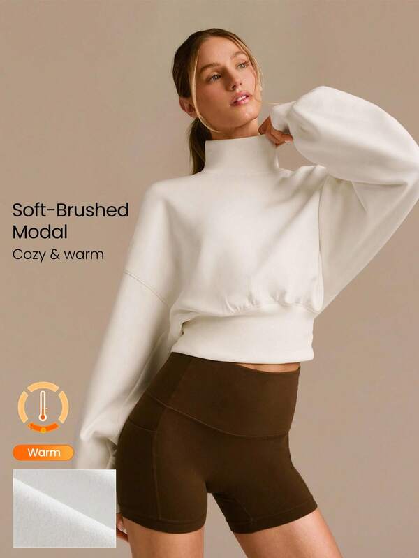 GLOWMODE Modal Soft Warm Curved Bubble Hem Waist Length Oversized Ribbed Cuffs High Neck Pullover Sweatshirt Daily