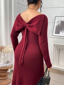 Modelyn 秋季大码女式优雅针织长袖连衣裙，纽扣设计，后背蝴蝶结装饰 - 酒紅色 - 查看 2