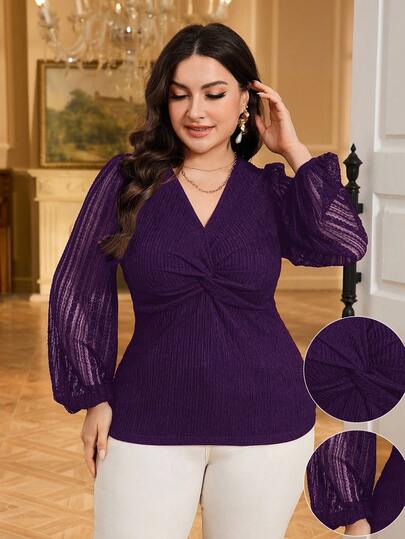 Modelyn Camiseta elegante de talla grande para mujer con cuello en V, contraste de encaje, mangas farol y diseño de giro