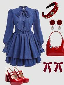 SHEIN 少女蝴蝶装饰长袖纽扣设计荷叶边下摆时尚牛仔连衣裙 - 深色水洗藍 - 查看 5