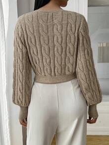 SHEIN LUNE Autumn/Winter New Cable Cable Textured Wrap-Style Short V-Neck Tie-Waist Long Puff Sleeve Casual Elegant Women Cardigan Sweater - Khaki - View 2
