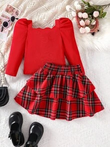 SHEIN 2pcs/Set Young Girls Autumn New Outfit,Off Shoulder Puff Sleeve Top With 3D Floral Decor,Red Plaid Skirt,Elegant Vintage Birthday Party Suit,Christmas - Red - View 2