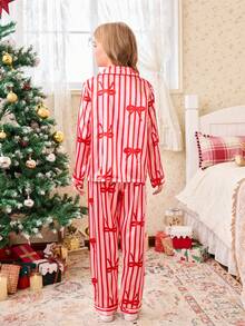 SHEIN 女童蝴蝶结条纹印花睡衣套装（翻领和长裤） - 紅色 - 查看 3