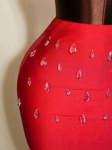 BamGleam 女士性感水晶亮片吊带背心和紧身裙两件套 - 紅色 - 查看 3