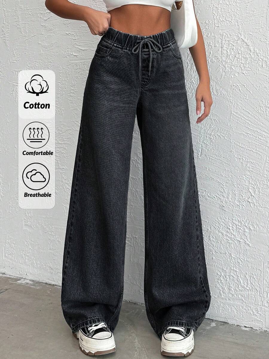 SHEIN Cottnline بنطلون جينز نسائي واسع الساق فضفاض كاجوال متعدد الاستخدامات مع خصر برباط وجيوب - رمادي فاتح - مشاهدة 1