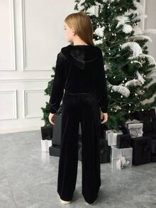 SHEIN Tween Girls' Streetwear Black Autumn Casual Family Matching,Velvet Butterfly Rhinestone Zip-Up Cropped Hoodie And Flare Pants 2-Piece Outfit,Y2K Set - Black - View 10