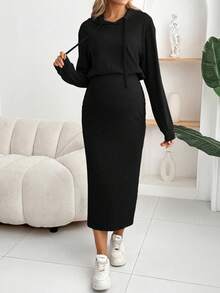 SHEIN Robe de maternité unie à manches longues, épaules dénudées, à capuche avec cordon de serrage, ajustée et décontractée, pour l'automne - Noir - Voir 5