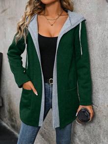 EMERY ROSE Women's Casual Contrast Color Drawstring Hooded Jacket With Pockets, Autumn