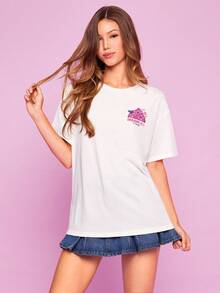 Mean Girls X SHEIN Damen Lässig T-Shirt mit Buchstaben-Grafik, Rundhalsausschnitt, Kurzarm, Sommer