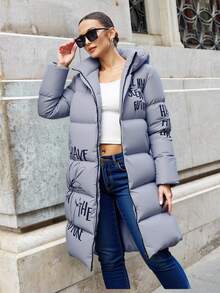 SHEIN Cottnline Women's Printed Plus Size Padded Coat, For Winter - Grey - View 3