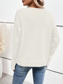 SHEIN LUNE 女士纯色V领长袖休闲宽松针织毛衣，秋冬 - 白色 - 查看 2