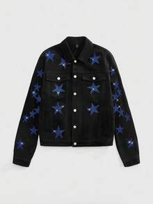 ROMWE MEN Street Life Men's Casual Rhinestone Five-Pointed Star Denim Jacket, Street Fashion - Blue - View 1