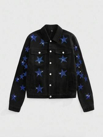 Street Life Men's Casual Rhinestone Five-Pointed Star Denim Jacket, Street Fashion