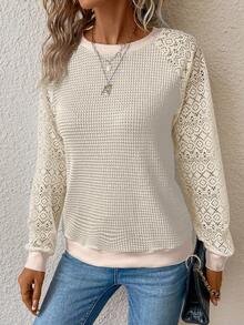 EMERY ROSE Sudadera de mujer con parches de encaje y textura, adecuada para la oficina, la escuela y el uso casual - Amarillo claro - Ver 6