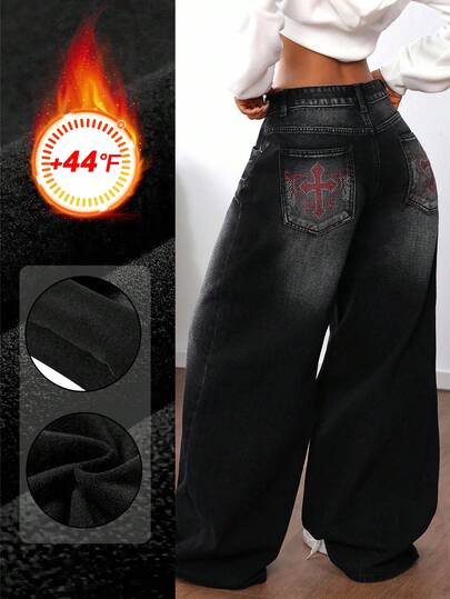 SHEIN ICON Jeans de pierna ancha con forro térmico y bolsillos para mujer, de moda para otoño/invierno