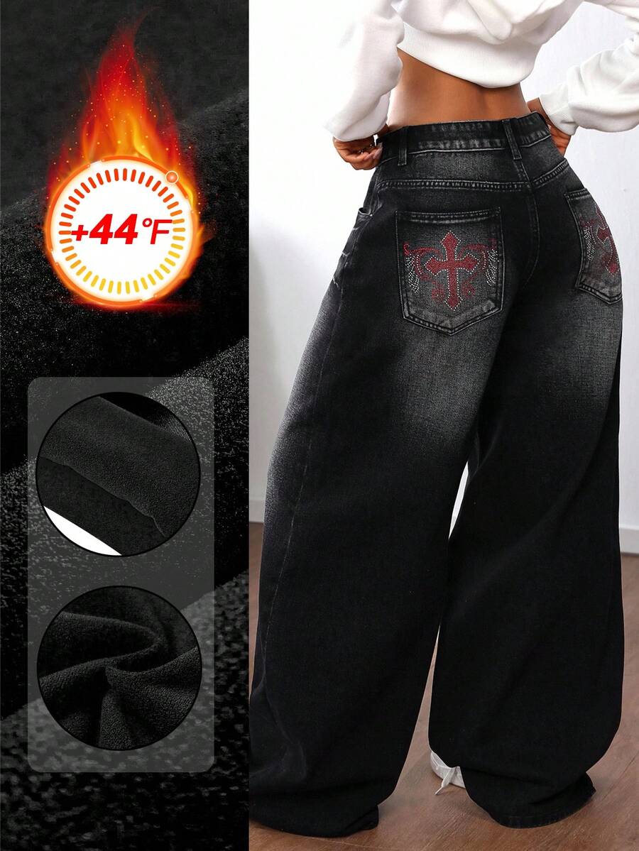 SHEIN ICON 女式口袋保暖阔腿牛仔裤，秋冬时尚 - 黑色 - 查看 1