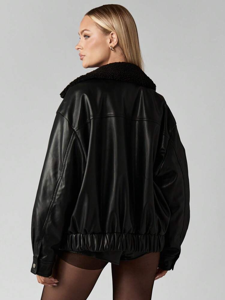 MISSGUIDED Faux Leather Bomber Jacket With Sherpa Collar