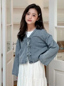 DAZY 少女休闲水洗牛仔蝴蝶结装饰喇叭袖衬衫 - 藍色 - 查看 2