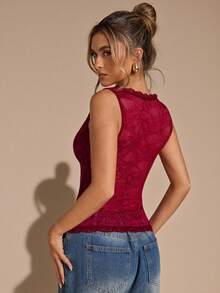 SHEIN BAE Áo hai dây ren cổ chữ V sâu màu trơn, áo ba lỗ đi nghỉ, xuân/hè - Đỏ - Xem 2