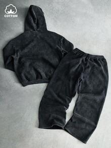 Manfinity EMRG Men's Street-Style Popular INS Matching Washed Vintage Dark Gothic Casual Outfit, Boyfriend/Husband Gift, Anniversary Gift, Fashionable Street Hoodie Set , Fall Clothes Winter - Black - View 2