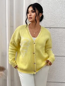 Modelyn Damen Große Größen Blumenmuster Cardigan mit Drop Shoulder, Langarm, lässig, locker gestrickt, Herbst/Winter - Gelb - Übersicht 5