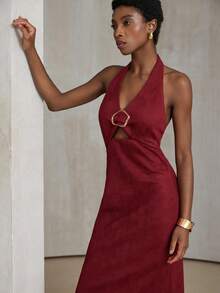 Aveloria Modichic Vintage Elegant Luxury Halter Backless Hollow Metal Buckle Decor Waist Cinched Sexy Fishtail Hem Women Long Sleeveless Dress