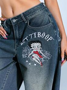 Betty Boop | ROMWE Quần jeans ống rộng thêu họa tiết hoạt hình giặt thường ngày cỡ lớn - Màu xanh lam - Xem 5