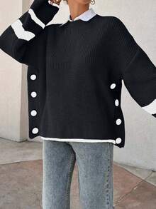 EURMUSE Women Stripe Knit Design Sweater With Button Details - Black - View 5