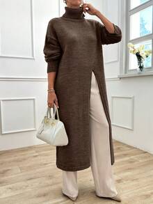 EURMUSE Women Solid Color High Neck Long Sweater With High Split - Brown - View 6
