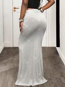 BamGleam 女士紧身亮面包臀半身裙，秋冬款 - 銀色 - 查看 2