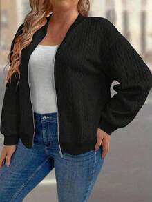 SHEIN CURVE+ Chaqueta con cremallera de talla grande para mujer, de unicolor, con textura 3D cómoda, ropa de exterior casual para primavera, otoño e invierno