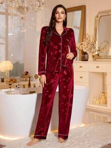 LuxeNights 纯色蝴蝶提花天鹅绒上衣和裤子女士睡衣套装，秋冬勃艮第睡衣套装舒适优雅细节，秋季服装 - 酒紅色 - 查看 5