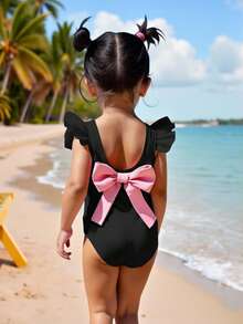 SHEIN 女婴露背蝴蝶结装饰盖袖连体衣沙滩泳装 - 黑色 - 查看 5