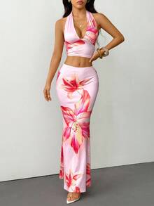 SHEIN PETITE Women's Holiday Halter Top And Skirt Printed Two Pieces Set Floral Two Piece Set Vacation 2 Piece Outfit Maxi Skirt Two Piece Set Summer Two Piece 2 Piece Dress