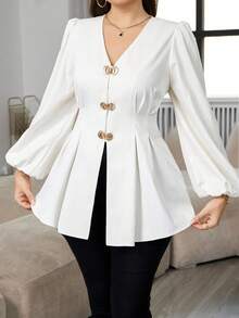 Modelyn Plus Size Elegant Commuter Solid Color Lantern Sleeve Cinched Waist Shirt - Beige - View 4