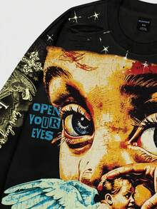 ROMWE MEN Street Life Áo thun nam cổ tròn tay dài in họa tiết thánh nhân cổ điển phong cách đường phố cổ điển, dành cho mùa thu, phong cách những năm 2000 - màu đen - Xem 4