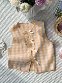 Comfortcana Women's Autumn Checkered Sleeveless Casual Knit Top With Bow Decor