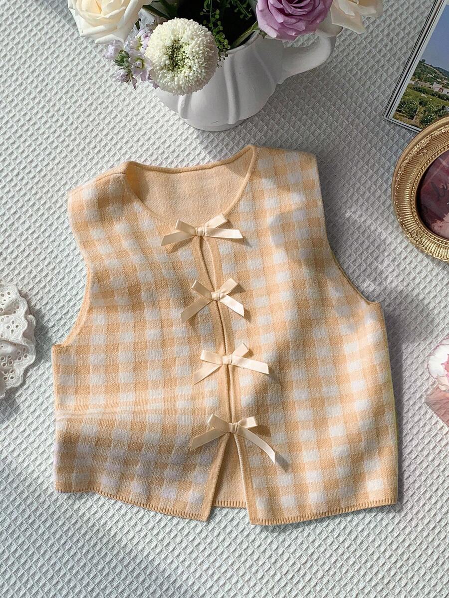 Comfortcana Women's Autumn Checkered Sleeveless Casual Knit Top With Bow Decor