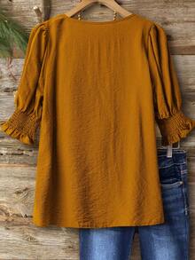 Linhara Áo cánh vải lanh pha trộn phong cách Bohemian cỡ lớn, tay áo 3/4, cổ bèo nhún, thanh lịch, thường ngày - Màu vàng - Xem 2
