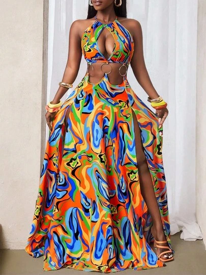 BamGleam Vestido largo de mujer con estampado de atardecer colorido